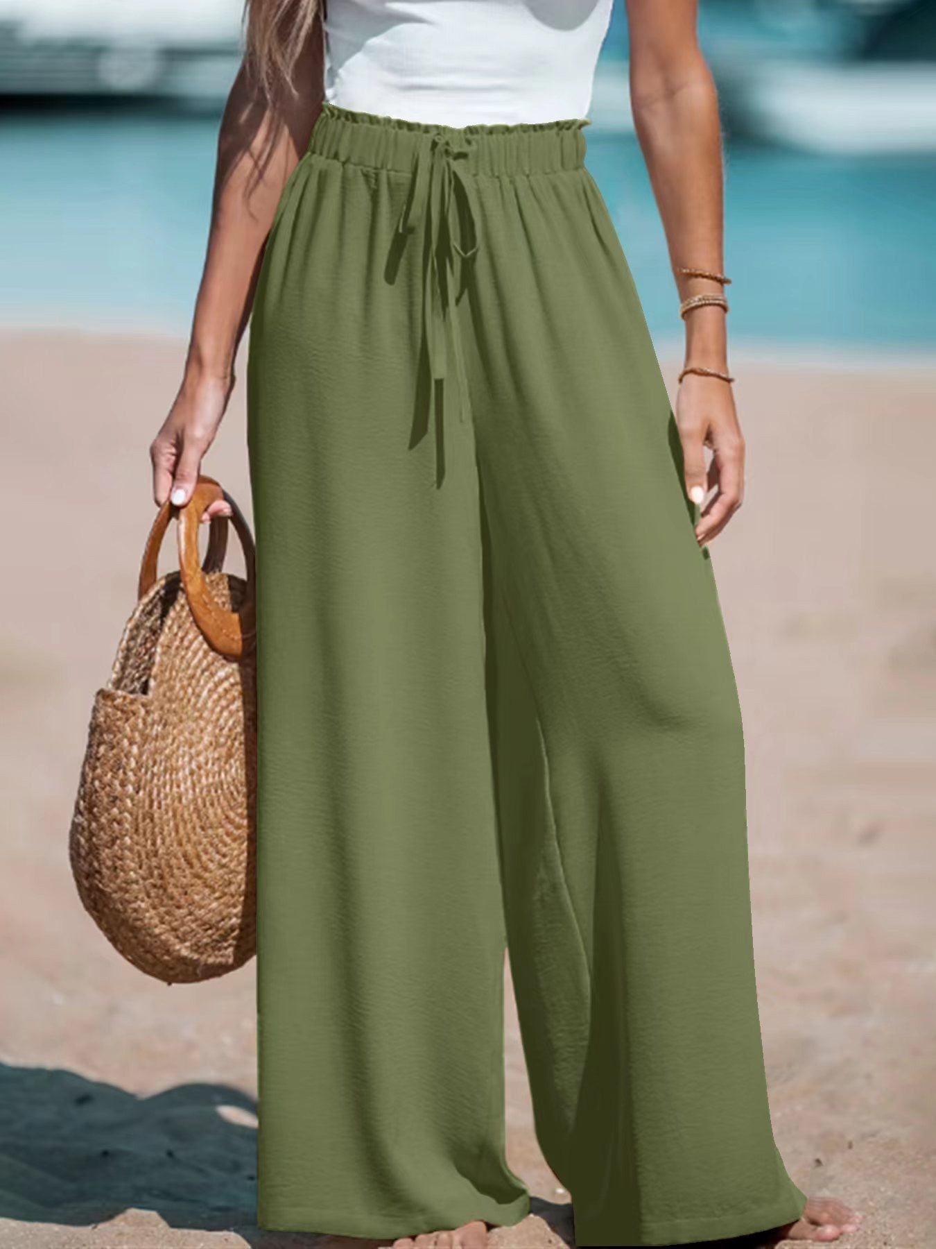 Pantalon large et décontracté pour femme avec taille élastique et cordon décoratif