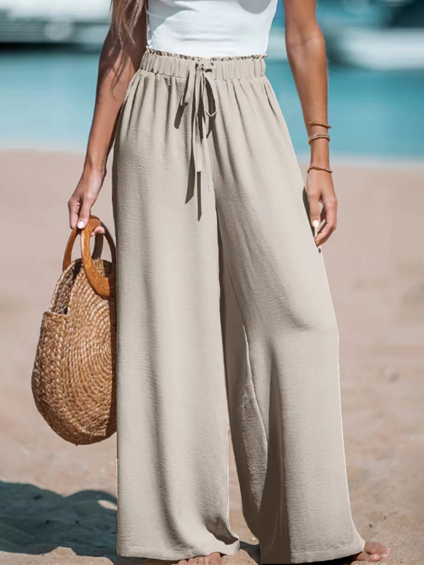 Pantalon large et décontracté pour femme avec taille élastique et cordon décoratif