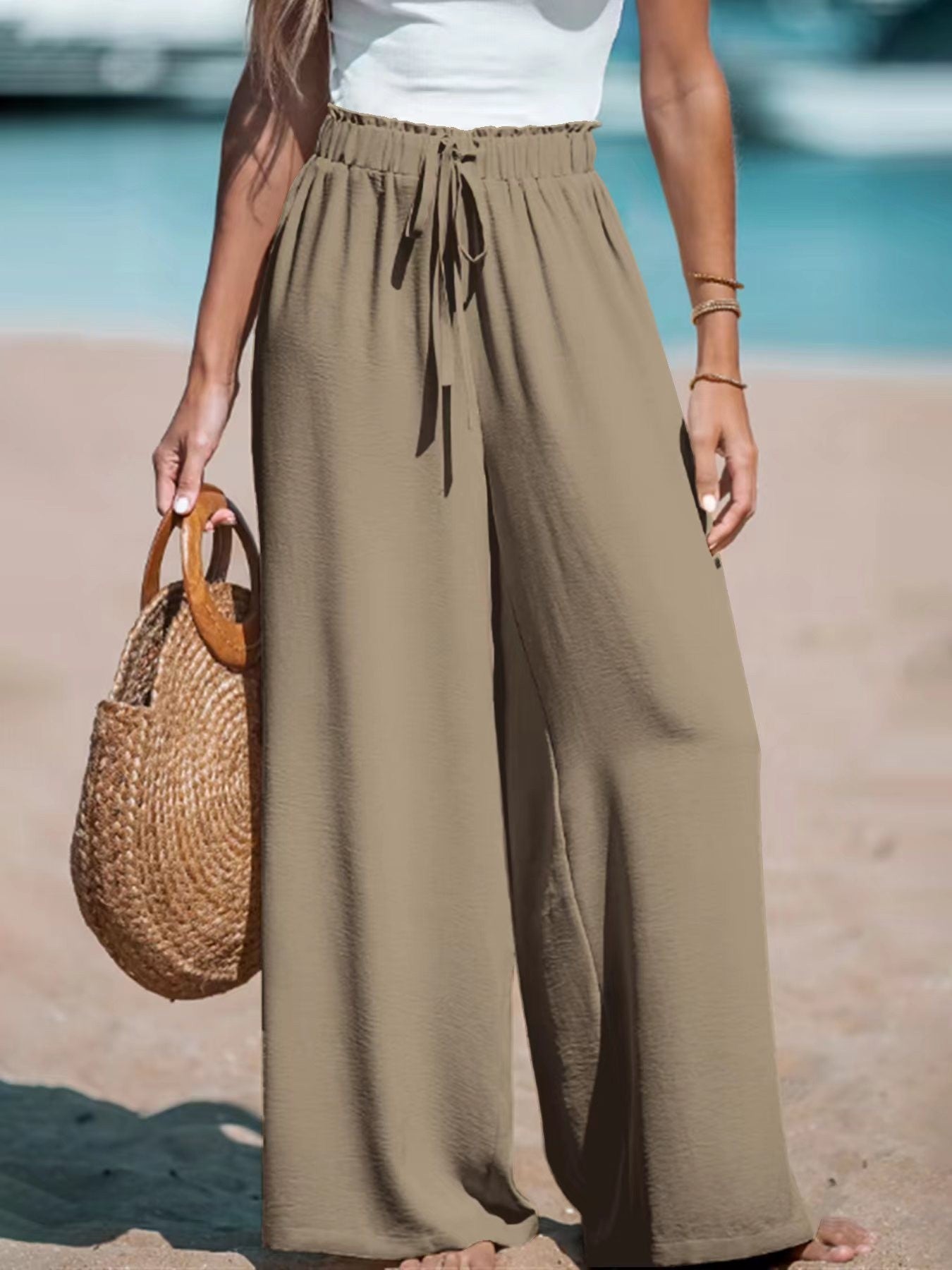 Pantalon large et décontracté pour femme avec taille élastique et cordon décoratif