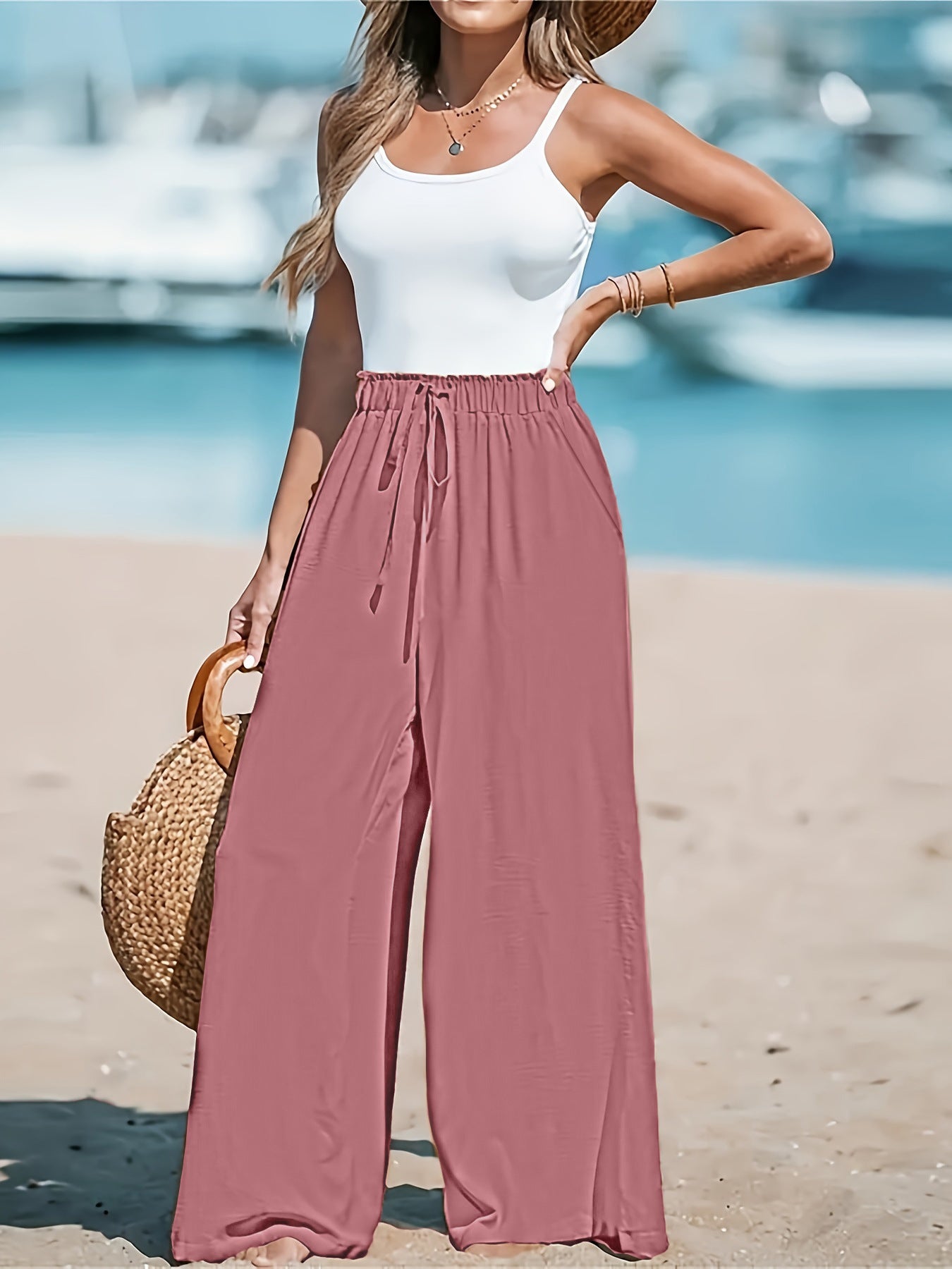 Pantalon large et décontracté pour femme avec taille élastique et cordon décoratif