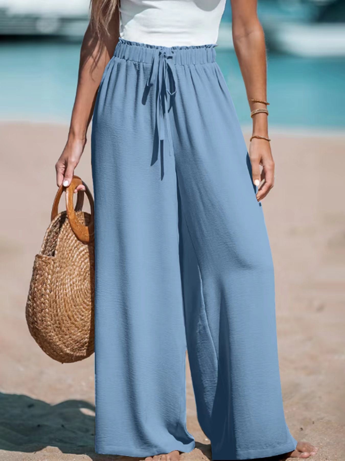 Pantalon large et décontracté pour femme avec taille élastique et cordon décoratif