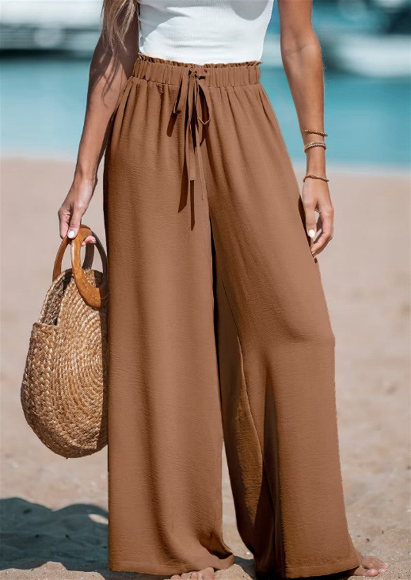 Pantalon large et décontracté pour femme avec taille élastique et cordon décoratif