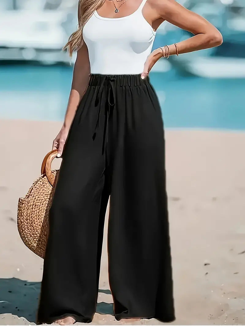 Pantalon large et décontracté pour femme avec taille élastique et cordon décoratif