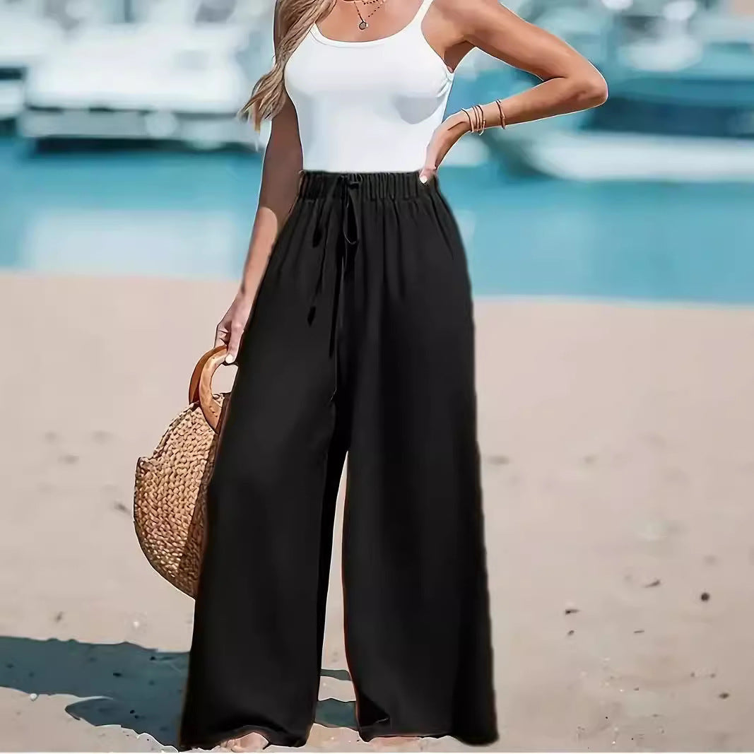 Pantalon large et décontracté pour femme avec taille élastique et cordon décoratif