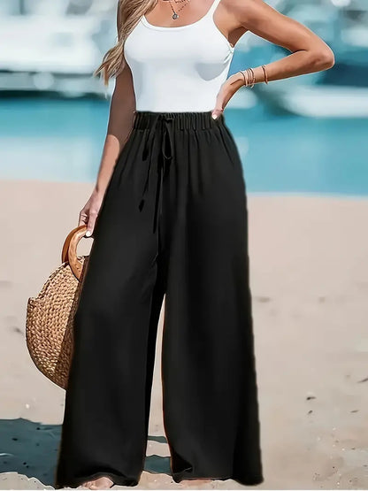 Pantalon large et décontracté pour femme avec taille élastique et cordon décoratif